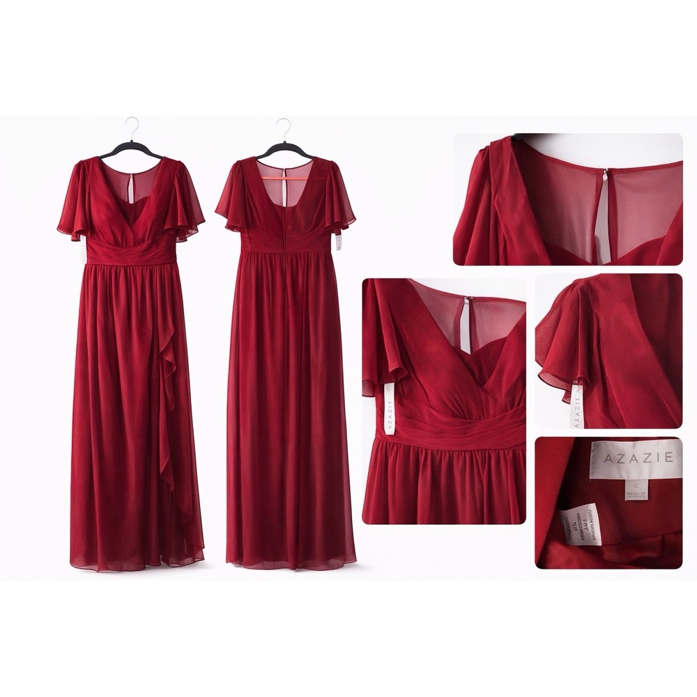 Azazie Burgundy Maxi Bridesmaid Dress Women Custom Size C Chiffon